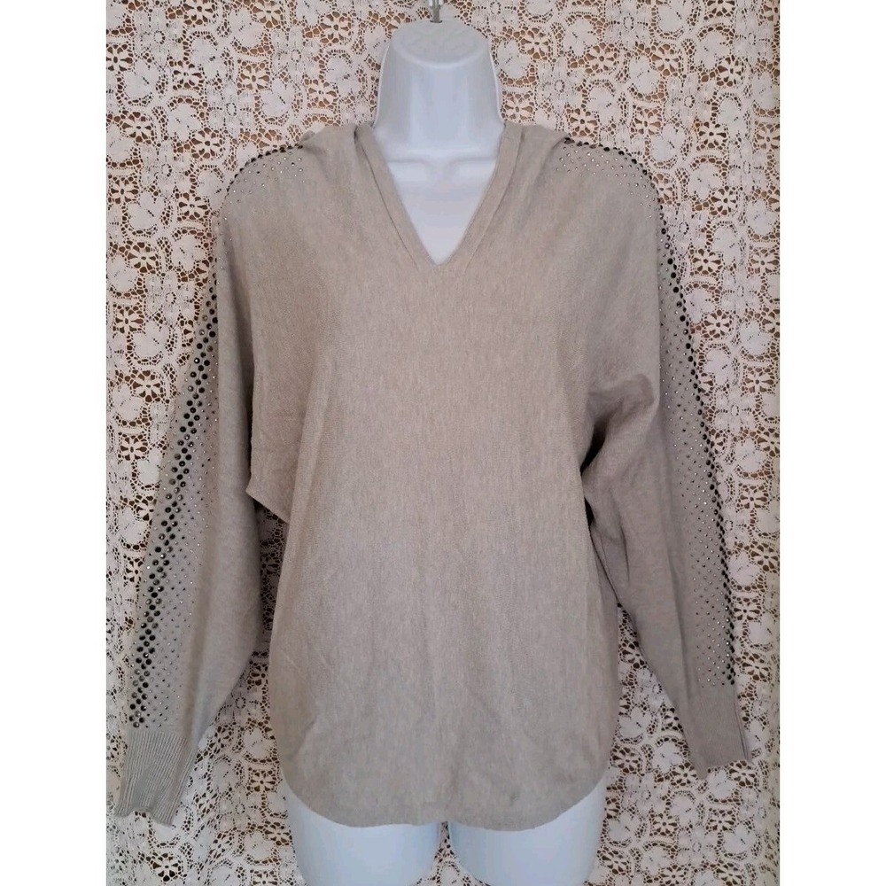 LIV Milano Sweater Womens Medium‎ Lt. Gray Hooded Pullover Embellished Sleeves